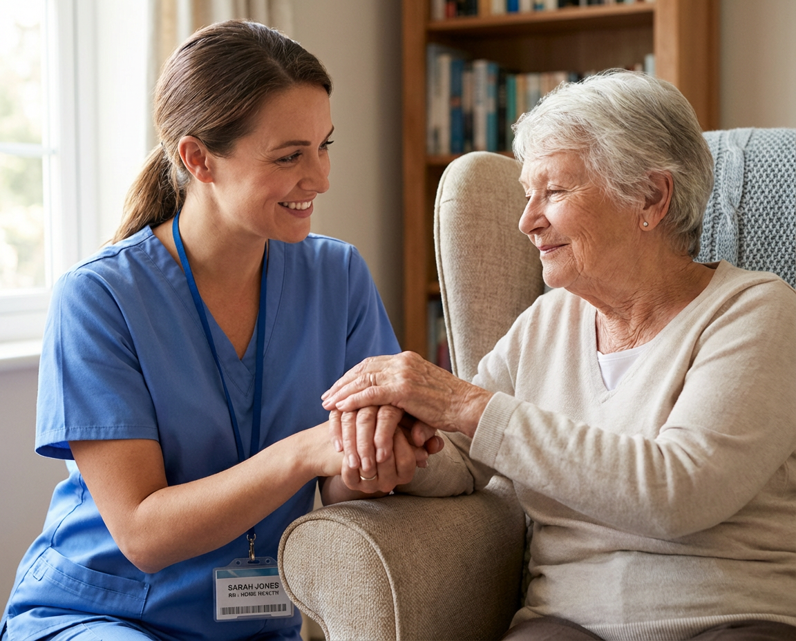 A caregiver holding an elderly woman's hands, both smiling warmly