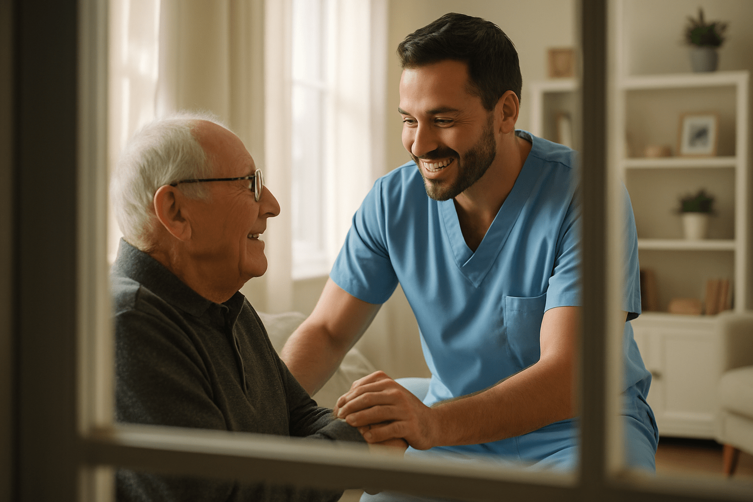 A nurse checking an older man's blood pressure at his home