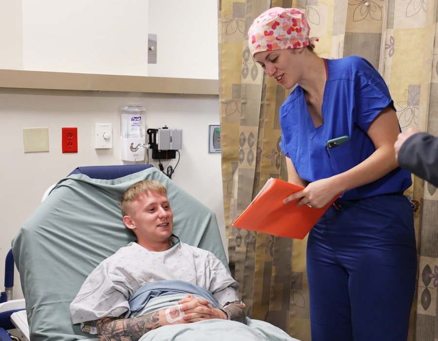 A nurse attending to a patient resting in a hospital bed